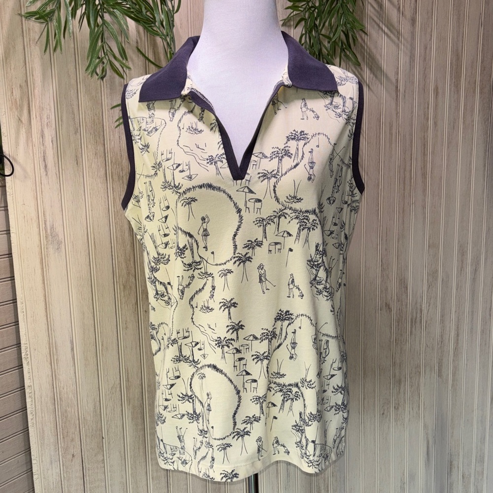 Coral Bay Golf Light Yellow & Navy Sleeveless Polo, Medium, Tropical Print, VGUC